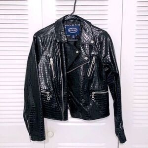 Vegan Leather Pleather Croc Embossed Shiny Moto Motorcycle Jacket with Zippers M